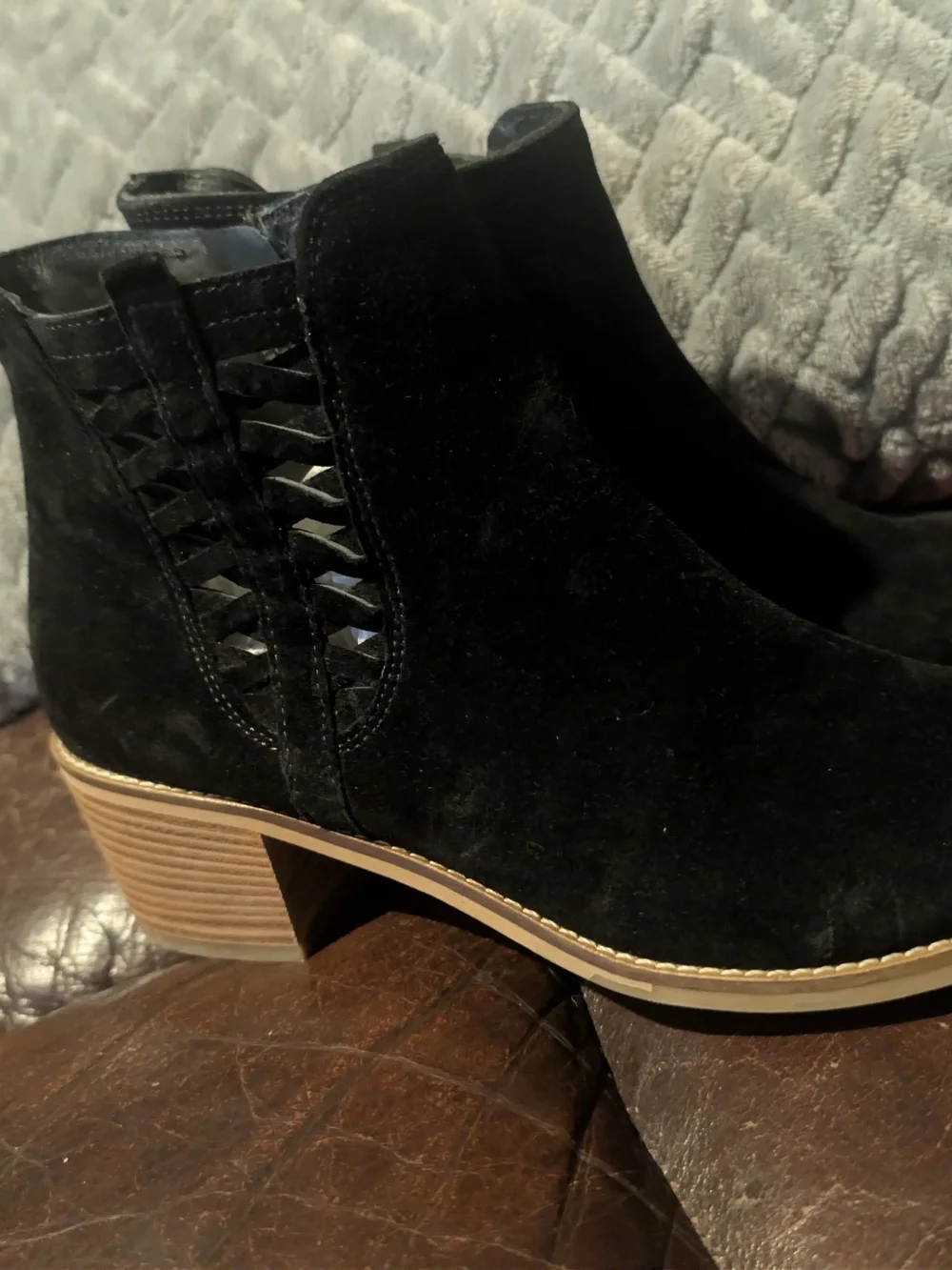 Paul Green Bueno Black Suede Cutout Ankle Boot with Stacked Heel